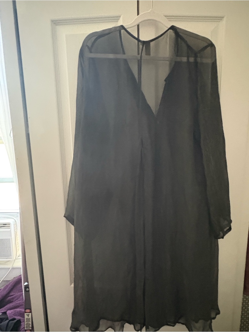 Sheer Gray Black Long Sleeve Cover-Up V-Neck Button Front - Picture 3 of 5